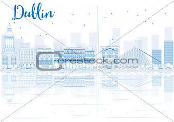 Outline Dublin skyline with blue buildings and reflections. 