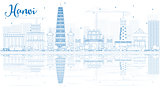 Outline Hanoi skyline with blue Landmarks and reflections.