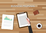 business proposal document with clipboard graph and wood background