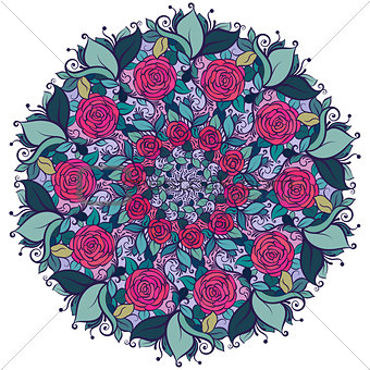 Kaleidoscopic floral pattern, mandala with roses and leaves  isolated on white background.