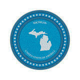 Label with map of michigan. Denim style.