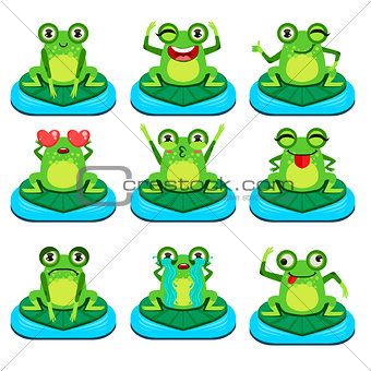 Frogs Sitting On Leaf Characters Set