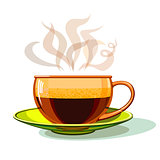 Cup of hot coffee, glass, vector.