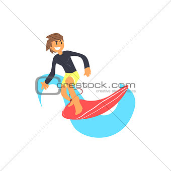 Guy In Rashguard On Red Surfboard
