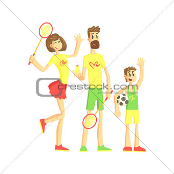 Sporty Family With Tennis Rackets And Ball