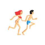 Couple In Swimsuits Running Holding Hands