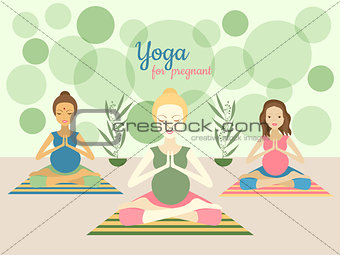 Three beautiful pregnant women practicing yoga exercises in gym