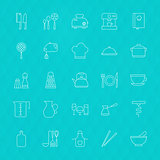 Kitchenware and Cooking Tools Line Icons Set over Polygonal Back