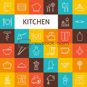 Vector Line Art Kitchenware and Cooking Utensils Icons Set