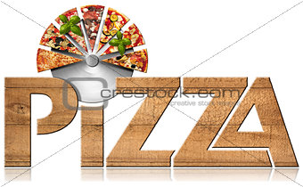 Pizza - Wooden Symbol with Slices of Pizza