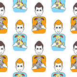 Happy men dog owners seamless pattern.