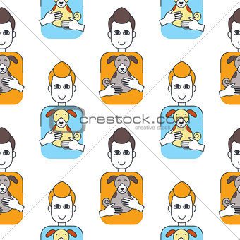 Happy men dog owners seamless pattern.