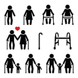 Old people, seniors with walking stick or Zimmer frame, grandparents icons