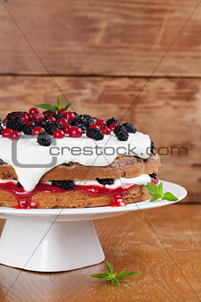Mulberry and red currant cake with whipped cream