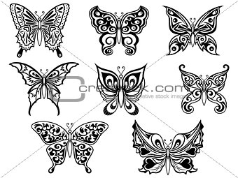 Set of eight black butterflies