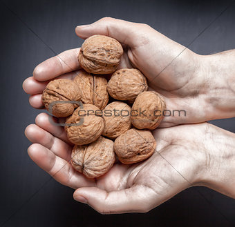 hands holding handful of walnuts