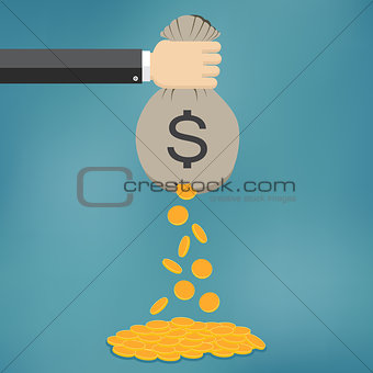 Golden coins fall out from money bag.