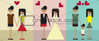 Illustration of a couple from dating, getting married and having a child