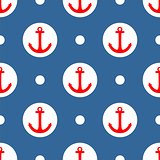 Tile sailor vector pattern with red anchor and white polka dots on navy blue background