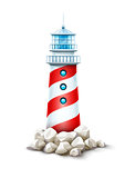 Nautical lighthouse tower at stone rocks hill vector illustration