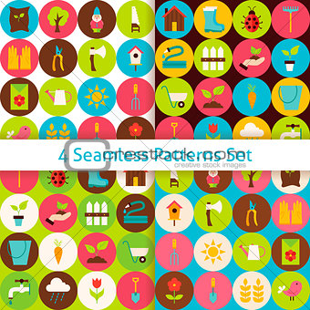 Four Flat Spring Garden Seamless Patterns Set with Circles