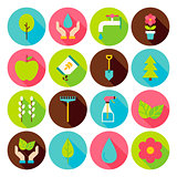 Spring Gardening Circle Icons Set with long Shadow