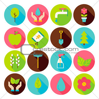 Spring Gardening Circle Icons Set with long Shadow