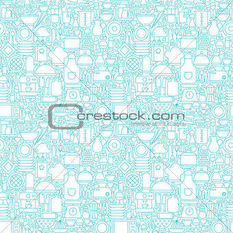 Thin Line Kitchen Appliances and Cooking White Seamless Pattern