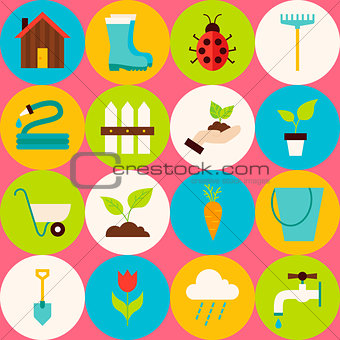 Vector Pink Flat Gardening Tools Seamless Pattern with Circles