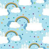 Seamless pattern with raindow castle and clouds