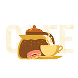 Coffee pot, cup and donut.