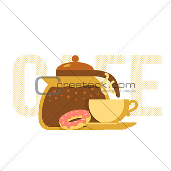Coffee pot, cup and donut.