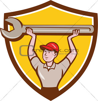 Mechanic Lifting Wrench Crest Cartoon