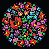 Kalocsai folk art embroidery - red Hungarian round floral pattern on black