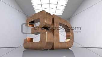 Large three-dimensional copper letters. The inscription 3D. Large white room. 3d illustration.