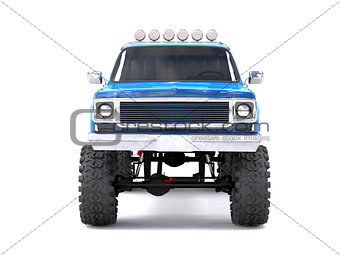 A large blue pickup truck off-road. Full off-road training. Highly raised suspension. Huge wheels with large spikes for rocks and mud. 3d illustration.