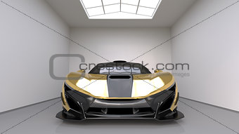 Sports car front view. The image of a sports yellow car on a studio room. 3d illustration.