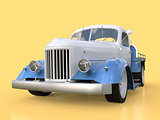 Old restored pickup. Pick-up in the style of hot rod. 3d illustration. White and blue car on a yellow background.