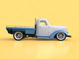 Old restored pickup. Pick-up in the style of hot rod. 3d illustration. White and blue car on a yellow background.