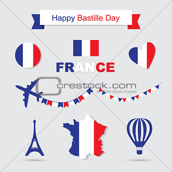French flag and map icons set. Eiffel Tower icon