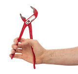 Hand of male plumber with a red wrench