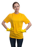  Young woman with yellow rubber gloves