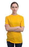 young woman in blank yellow t-shirt