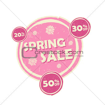 spring sale and percentages off, pink round drawn label