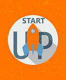 start up and rocket sign, grunge drawn label, business grow conc