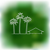 Palms and bungalow on a green background.
