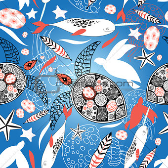 Pattern with sea turtles and whales