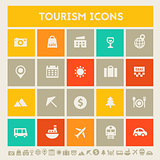 Tourism icon set. Multicolored square flat buttons