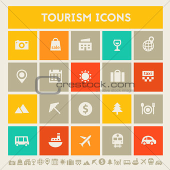 Tourism icon set. Multicolored square flat buttons