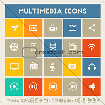 Multimedia icons. Multicolored square flat buttons